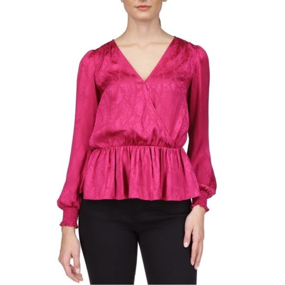 MICHAEL Michael Kors Tops - MICHAEL Michael Kors Jacquard Print Faux Wrap Peplum top deep fuchsia - PL